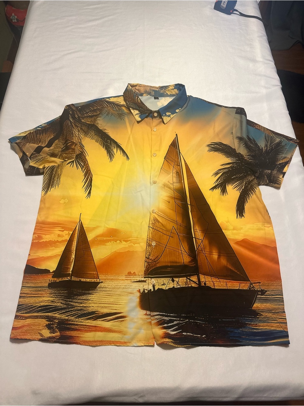 Tropical Sunset Sailboat Short-Sleeve Button-Down Shirt - Yellow/Orange